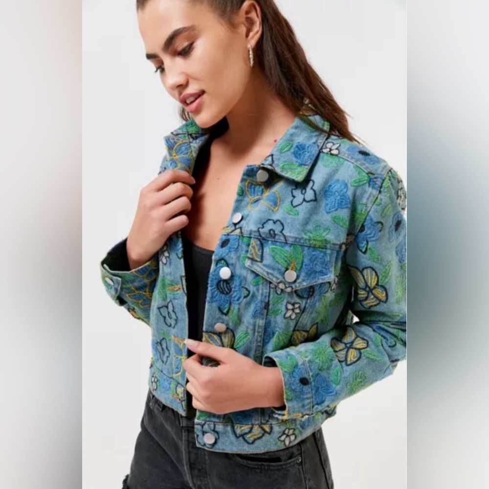 RARE UO Jean Denim Floral Embroidered Trucker Jacket